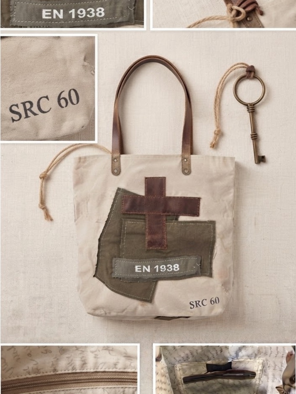 Myra bag Canvas Tote Bag with Brown Leather Accents - Beige